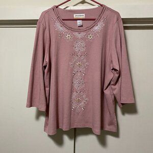 Alfred Dunner 3/4 length sleeve, mauve, embellished tunic, size 2X